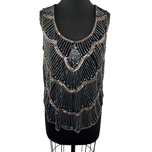 AWAKE Couture Black Beaded Sequin Embellished Sleeveless Blouse Sheer Evening M - Picture 1 of 8